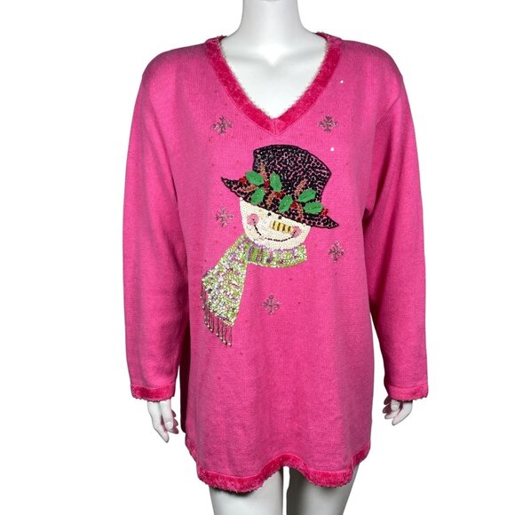 Quacker Factory Beaded Snowman Sweater Womens Size 1X Pink V Neck Pullover - Picture 1 of 7